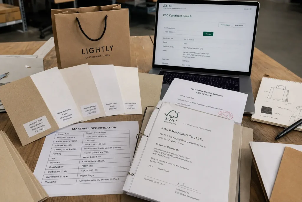 Recycled and certified paper materials used for sustainable paper bag production, including kraft paper, textured paper, and molded fiber packaging.