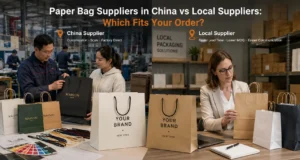 Comparison of paper bag suppliers in China and local suppliers, showing custom paper bag production, factory-direct sourcing, and local packaging options.