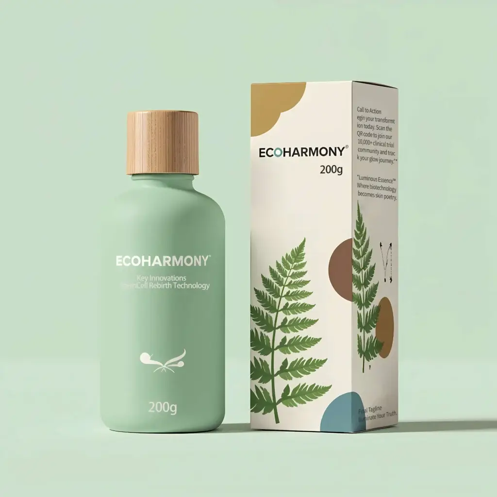 Custom skincare packaging box with printed brand design, product information panels, and matching cosmetic bottle for premium beauty packaging.