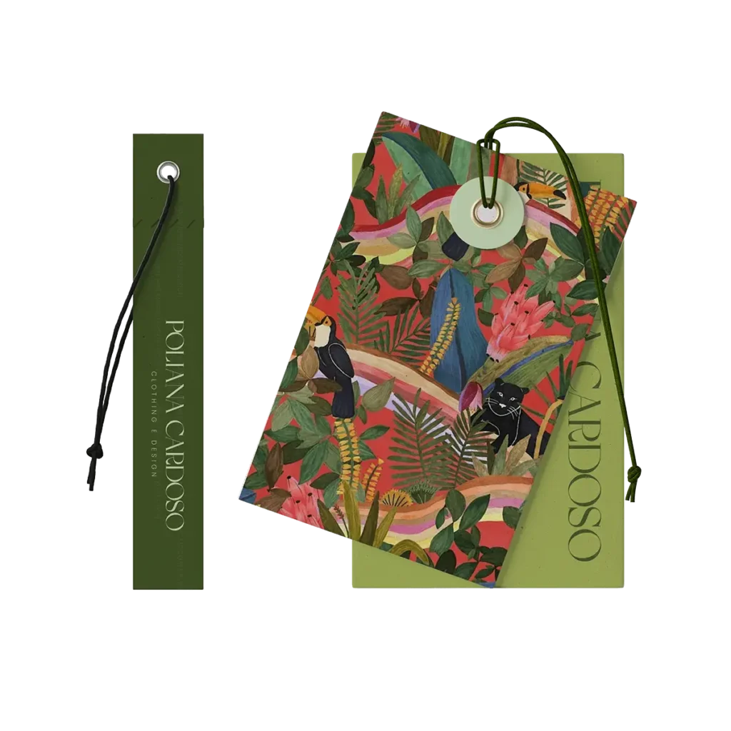 Custom apparel hang tag set with printed artwork, branded clothing tag, reinforced hole, and string, designed for fashion branding, garment labeling, and premium product presentation.