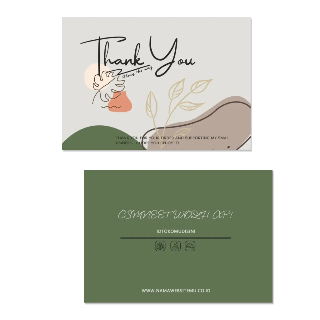 Custom thank you card with front and back printed artwork, botanical design, brand message area, and website detail for product packaging, customer appreciation, and unboxing presentation.
