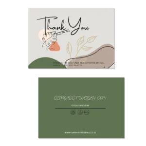Custom thank you card with front and back printed artwork, botanical design, brand message area, and website detail for product packaging, customer appreciation, and unboxing presentation.