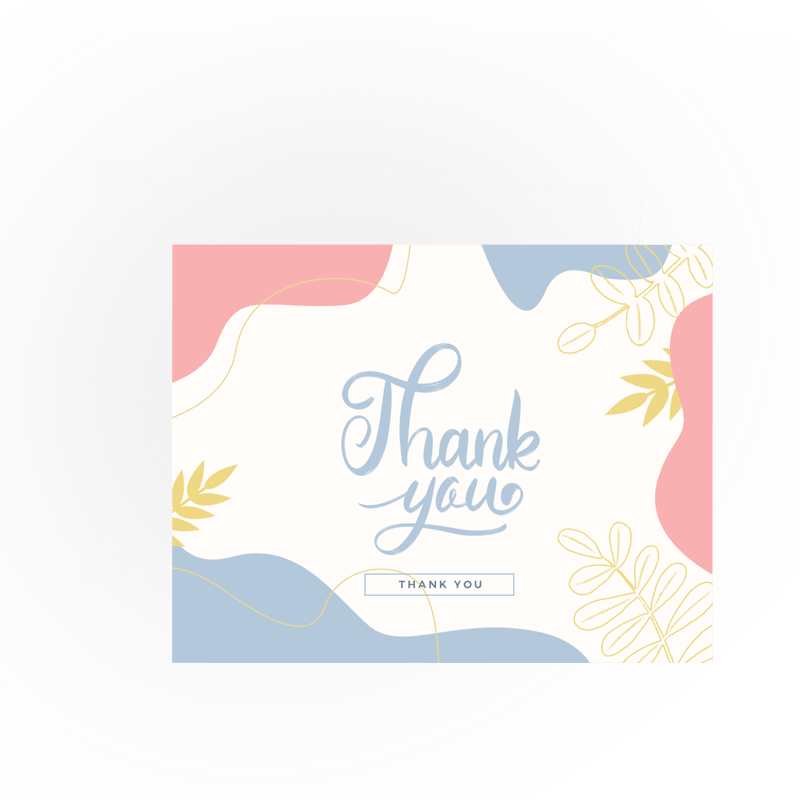 Custom thank you card with envelope featuring pastel artwork, floral line details, and printed thank you message for brand packaging, customer appreciation, and unboxing presentation.