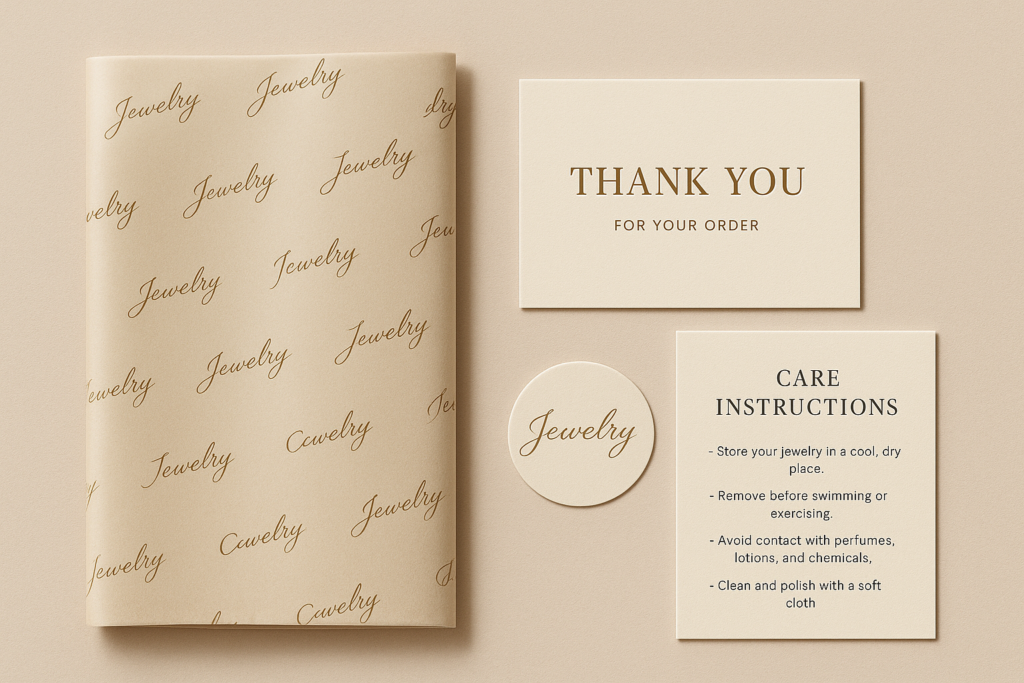 Custom jewelry packaging accessories including printed tissue paper, thank you card, care instruction card, and logo sticker, designed to enhance brand presentation.