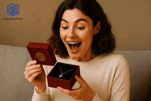 Happy customer unboxing a luxury jewelry gift box with custom packaging from Originality Pack.