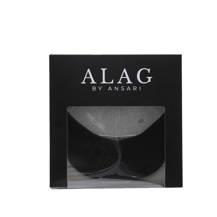 Black rigid cap box with clear window, featuring custom branding, designed for premium hat packaging and retail display.