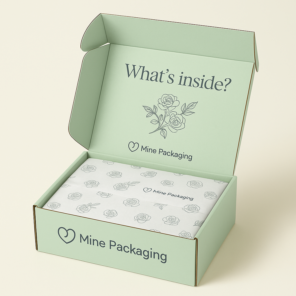 Printed mailer box with logo used for shipping clothing, suitable for online fashion brands