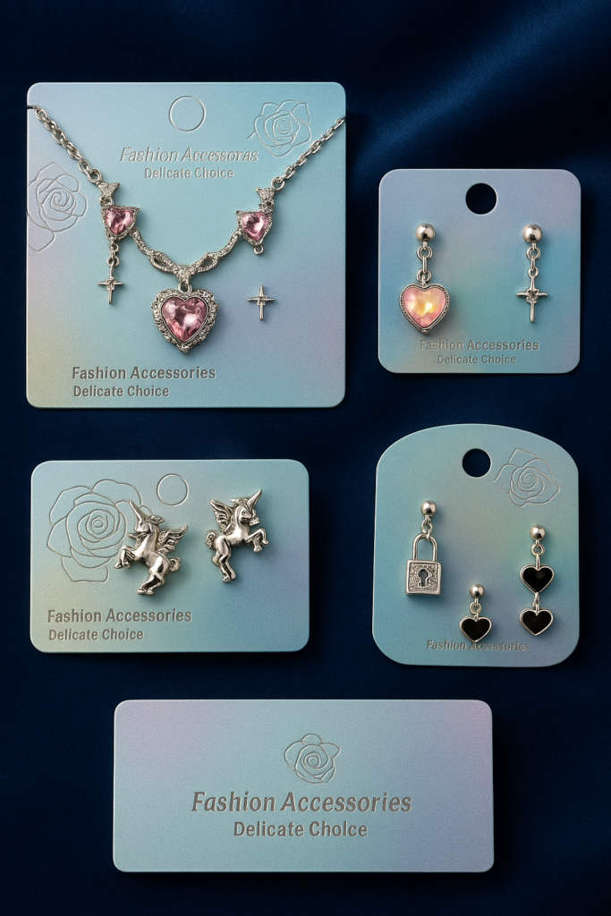 Custom jewelry card holders for showcasing lightweight earrings and necklaces in stylish packaging.