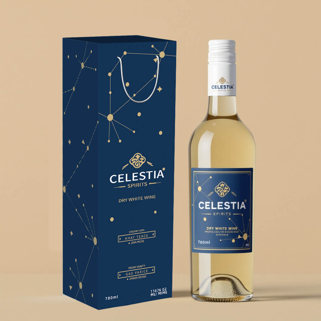 Custom luxury paper wine bag in dark blue with constellation design and matching white wine bottle, ideal for premium alcohol packaging and brand promotion.