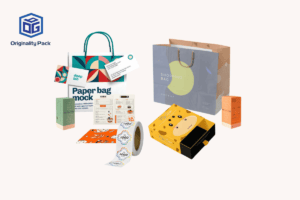 Flat-lay display of clothing packaging products including a custom zipper bag, luxury paper bag, rigid box, and kraft hang tag with woven label