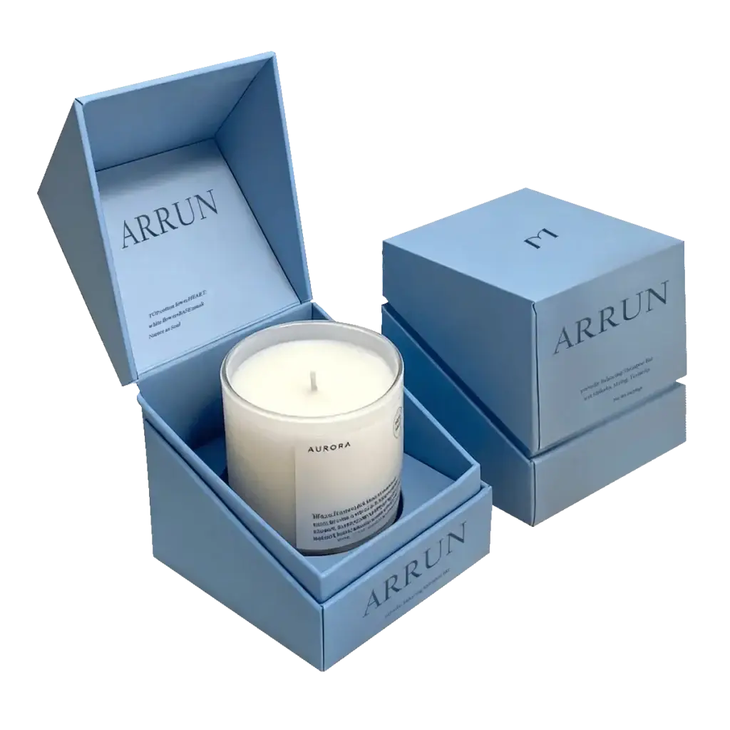 Custom rigid candle box with branded printing and fitted structure for premium candle packaging, gift sets, and luxury candle brand presentation.