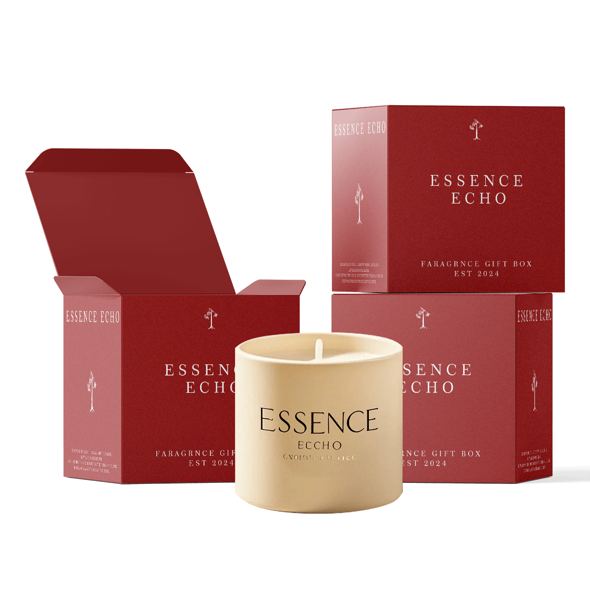 Custom candle packaging set featuring red paper boxes with white foil stamping and a matching cream jar candle, designed for premium fragrance gift presentation.