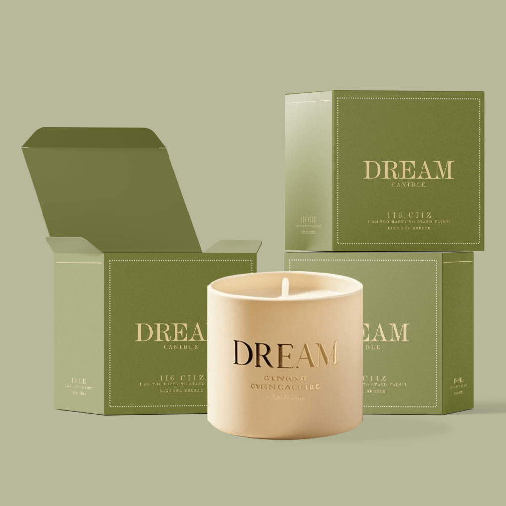 Custom candle box set in olive green with gold foil logo, paired with a matching cream candle jar, designed for premium scented candle packaging and branding.