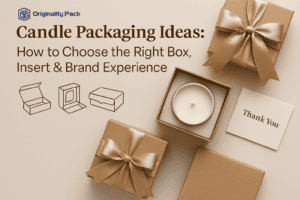 Flat lay of candle packaging elements including rigid gift boxes, custom candle, thank you card, and illustrated box types, with article headline text.