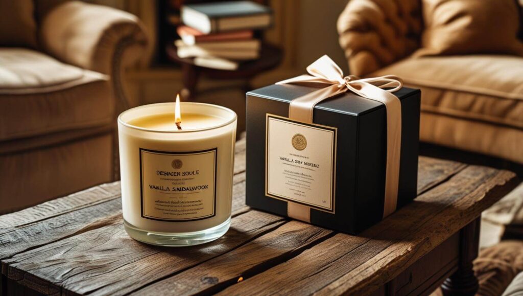 Luxury scented candle with a custom black rigid box and satin ribbon, styled on a rustic wooden table.