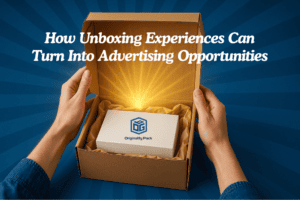 Unboxing experience with branded ecommerce packaging from Originality Pack, illustrating how packaging creates advertising opportunities.
