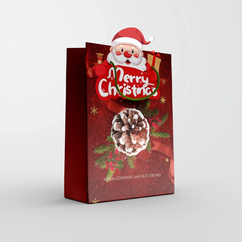 Christmas paper gift bags with Santa Claus design, wholesale custom holiday packaging with logo printing