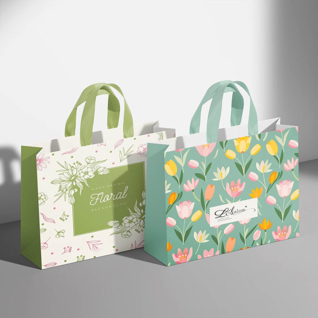 Wholesale custom paper bags with full floral printing and logo, eco-friendly retail shopping packaging