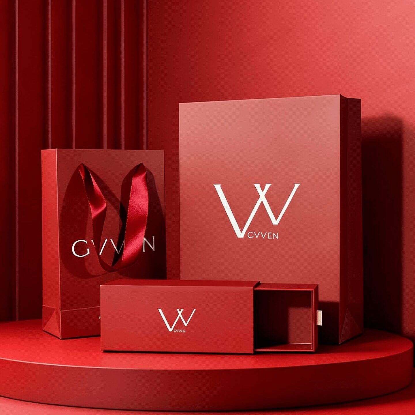 Coordinated red paper bag, rigid box and drawer box packaging project by OriginalityPack