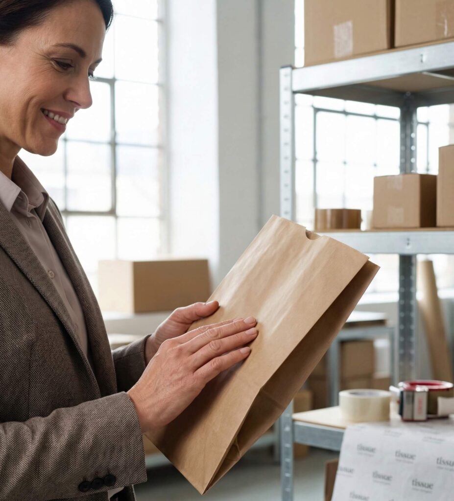 woman checking kraft paper bag used for clothing packaging in warehouse