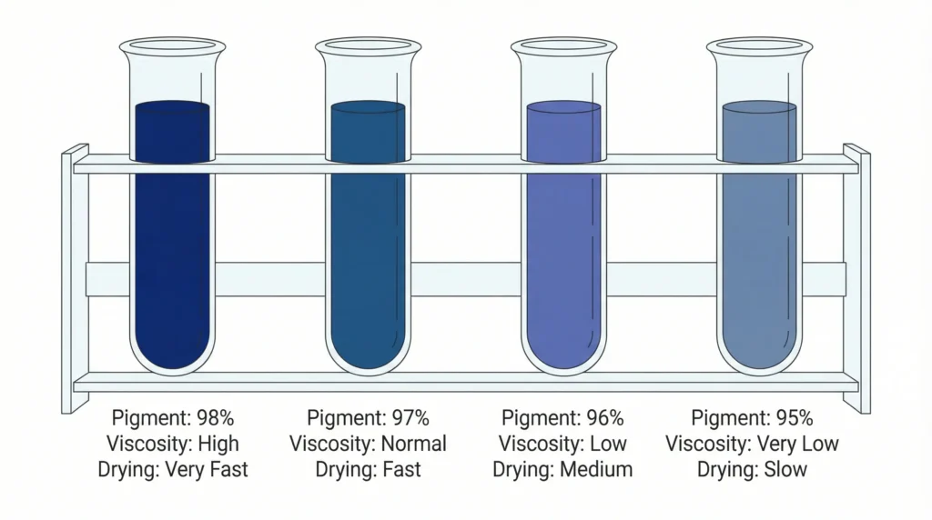 A color control infographic. Four test tubes display varying shades of blue ink. A clear correlation is shown: higher pigment concentration (from 95% to 98%) creates deeper color and requires faster drying, demonstrating the technical challenge of ink batch-to-batch variation for apparel boxes.