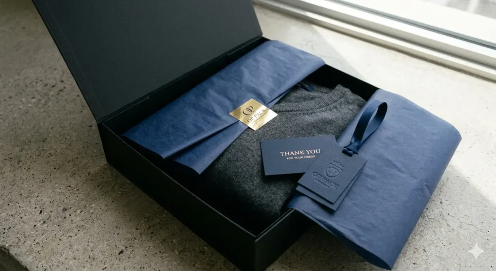 Photorealistic unboxing of Originality Pack black collapsible rigid box with a charcoal sweater, navy tissue paper, gold foil OP PACK logo sticker, paper thank you card, and debossed paper hang tag on a concrete windowsill