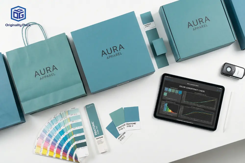 A B2B clothing packaging featured image by Originality Pack. It shows an iPad displaying a digital Color Consistency Check, several teal packaging boxes for Aura Apparel, Pantone color bridges (e.g., PANTONE 3145 C, 3155 U), and an X-Rite spectrophometor. It visualizes the technical process of minimizing color deviation for apparel boxes through proofing auditing.