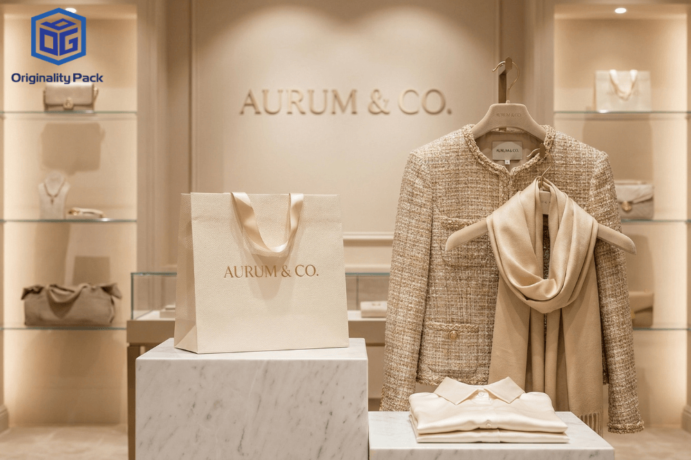luxury clothing paper bag in retail store showing example of paper bag thickness used for clothing packaging