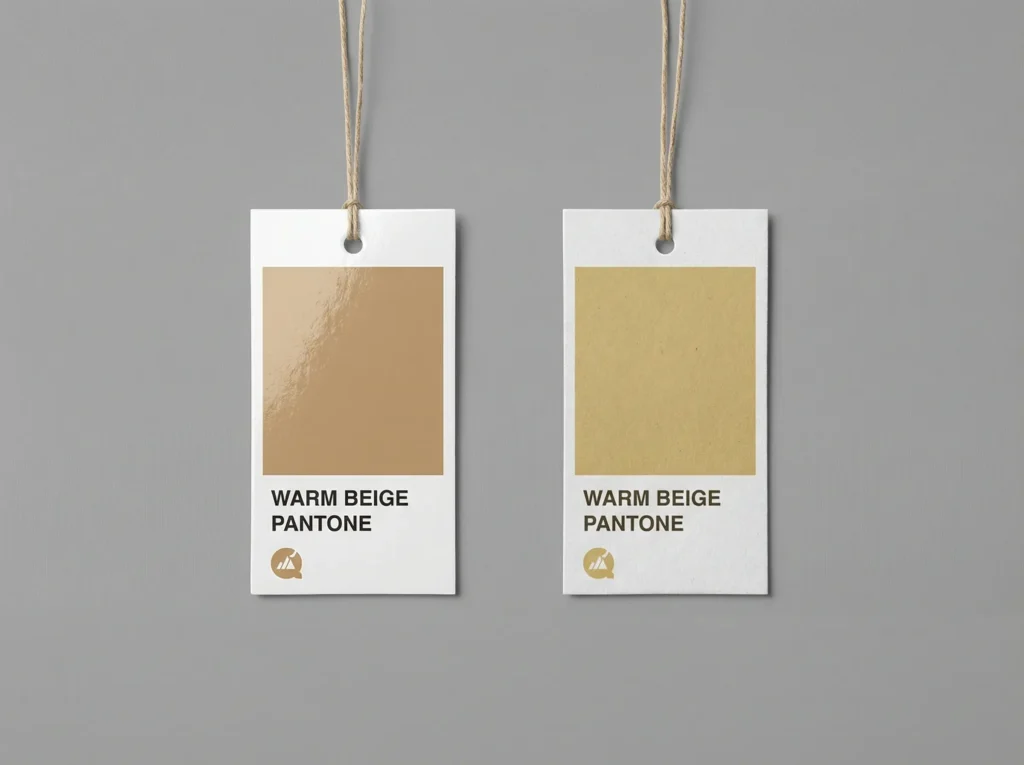 A color comparison showing two Pantone 'Warm Beige' color swatches. The left swatch on coated art paper appears glossy and deeper, while the right swatch on kraft paper appears matte and significantly yellowed, demonstrating how material choice changes packaging color.