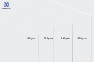 comparison of paper thickness showing 150gsm, 200gsm, 250gsm and 300gsm paper used for clothing paper bags