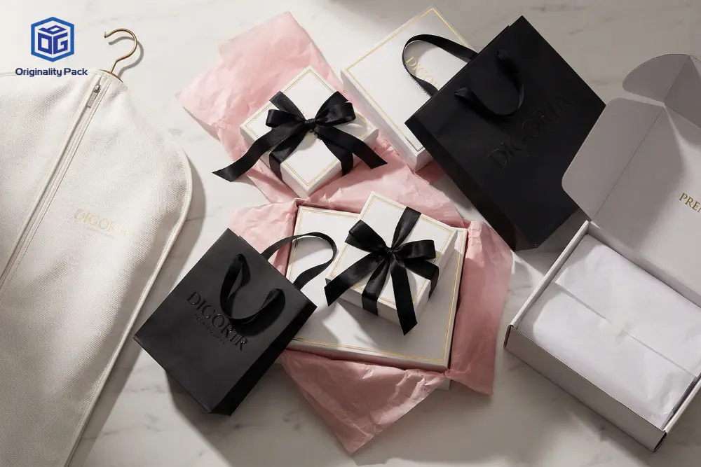 Luxury clothing packaging with rigid boxes, gift bags, and tissue paper designed for premium fashion brand unboxing experience