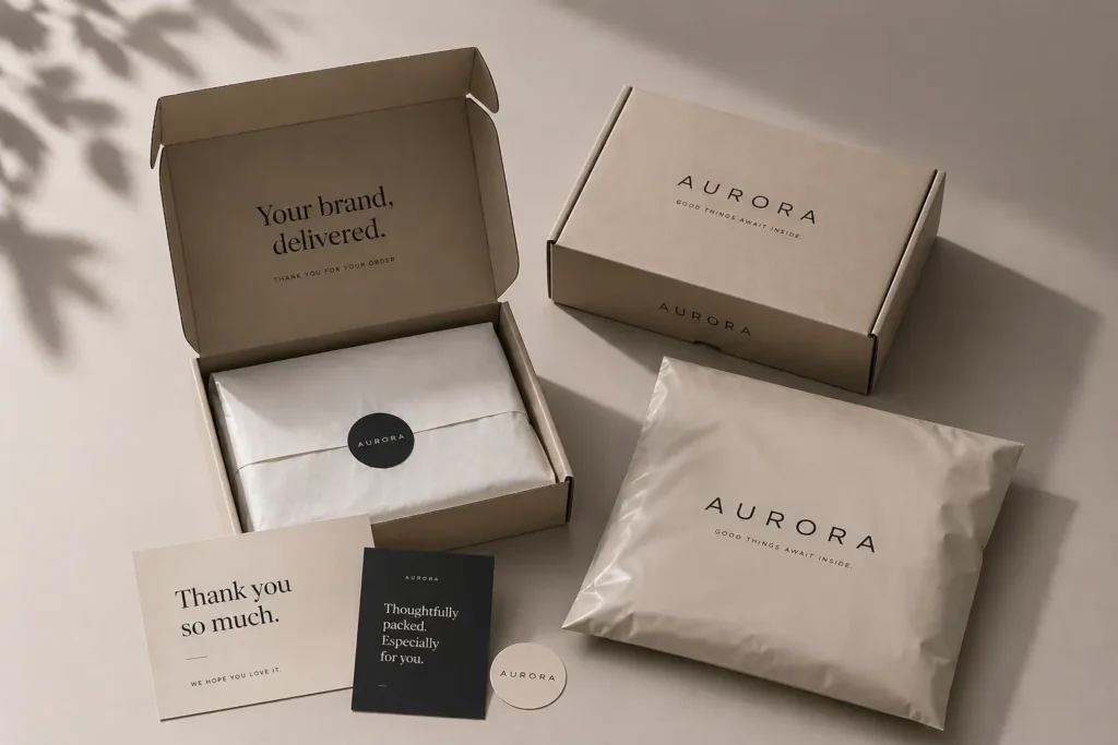 E-commerce packaging set with mailer box, tissue paper and printed card