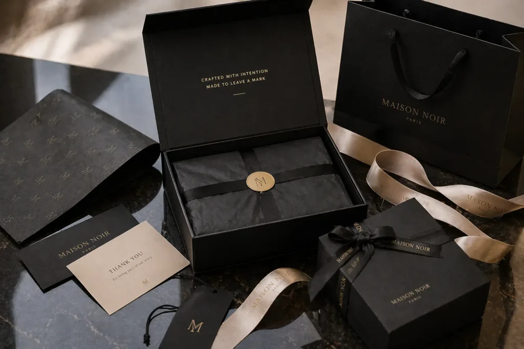 Premium branded packaging set with rigid box and coordinated print finishes