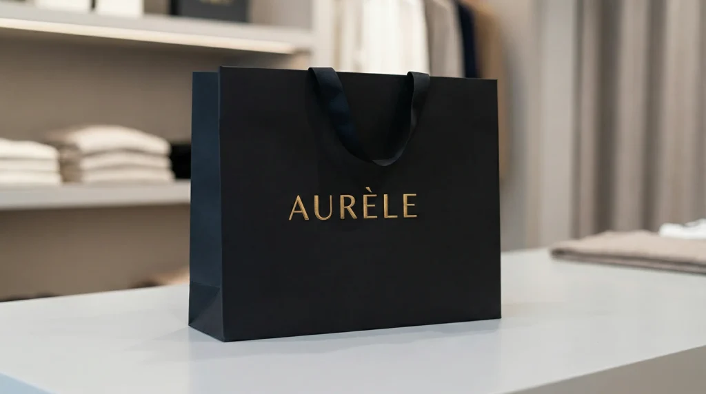 Luxury paper bag with logo for clothing brand retail display, showcasing premium apparel packaging and custom shopping bag design