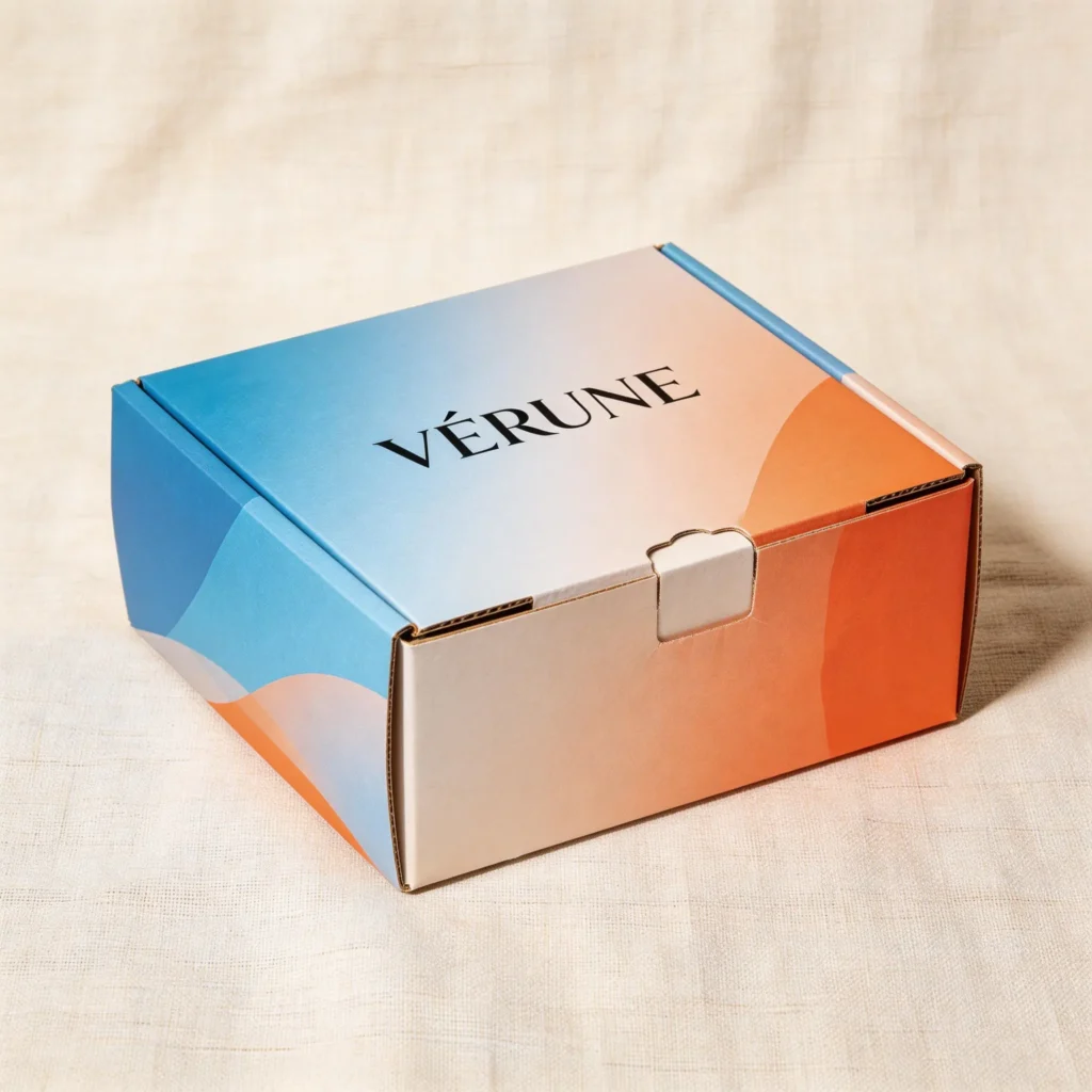 Custom mailer box for clothing brand packaging with gradient design, ideal for apparel shipping and unboxing experience
