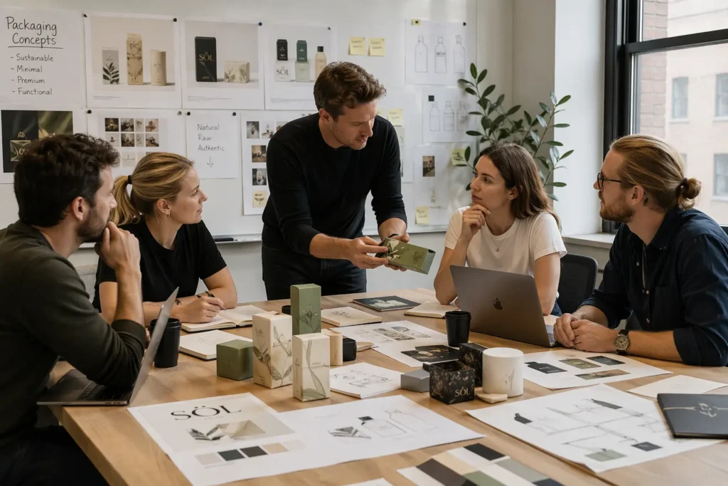 custom packaging design process with team reviewing box concepts, dielines, and brand materials during design phase