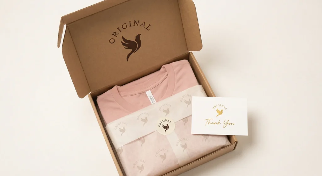 Custom branded clothing packaging including pink tissue paper with logo print, branded sticker seal, thank you card with gold foil, packaged in kraft mailer box with custom logo for premium unboxing experience