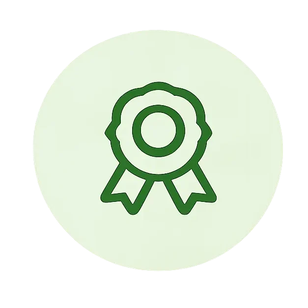 Premium quality packaging icon with green outline badge symbol representing high-quality materials and strict quality control