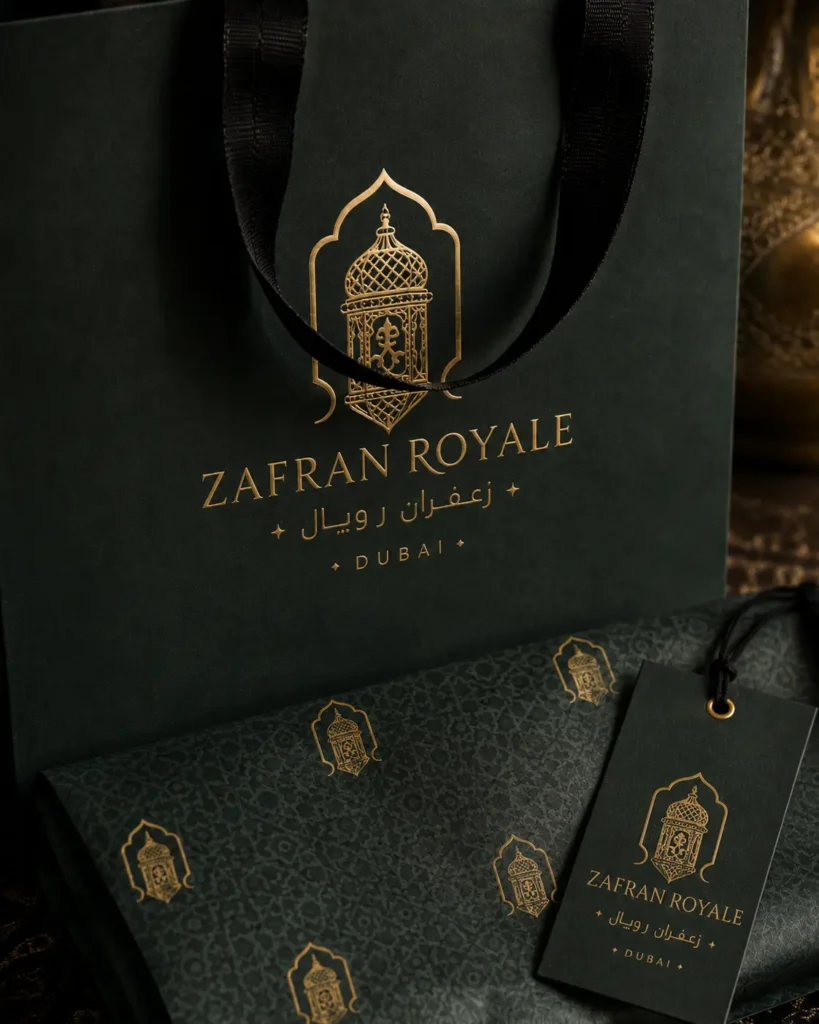Premium UAE retail packaging set with matching paper bag, branded tissue paper, and hang tag in consistent deep green and gold foil, showing how boutiques can keep brand color consistent across bags, boxes, tags, and tissue.