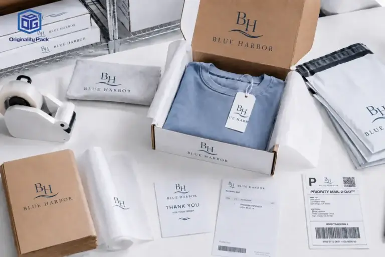 Complete clothing packaging setup for an online store, including branded mailer box, apparel hang tag, tissue paper, thank you card, poly mailer, packing slip, and shipping label.