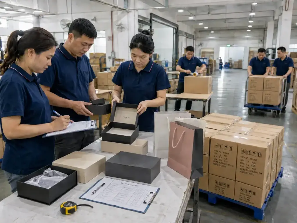 Pre-shipment quality inspection for custom packaging orders in a factory with finished paper bags, rigid boxes, export cartons, and shipping marks