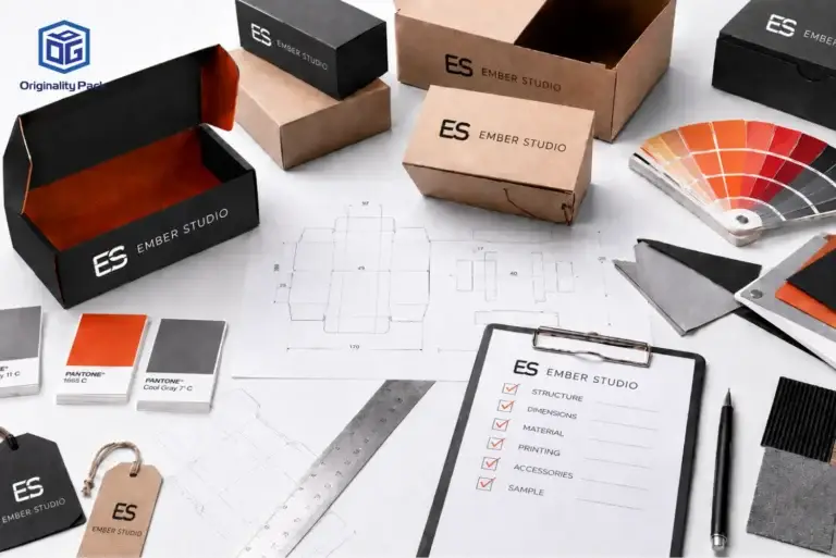 Custom packaging from China planning scene showing branded paper boxes, dieline artwork, Pantone color cards, material samples, checklist, ruler, and hang tags before production starts.