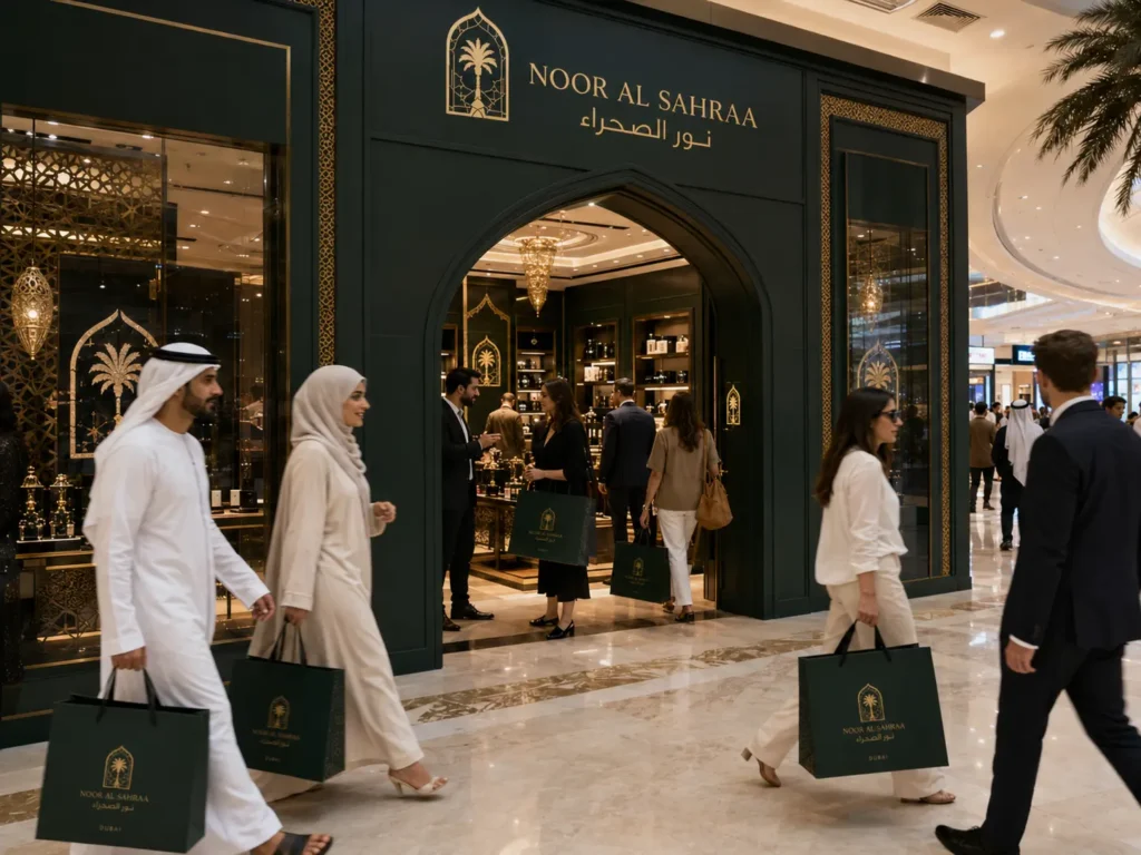 Luxury UAE boutique storefront with customers carrying branded paper bags, showing why premium paper shopping bags are ideal for retail stores, boutiques, and in-person brand presentation.