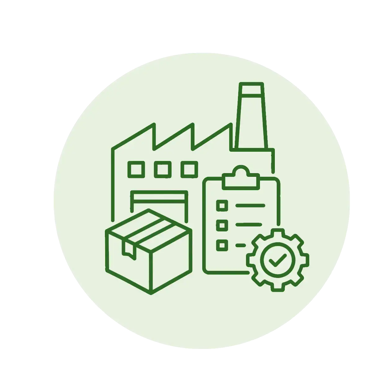 Green manufacturing experience icon for a custom packaging factory, showing a factory, packaging box, checklist, and quality control gear.