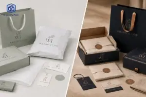 Packaging supplier comparison for clothing brands, showing standard packaging and direct factory custom packaging options with branded paper bags, mailer boxes, tissue paper, hang tags, and label cards.