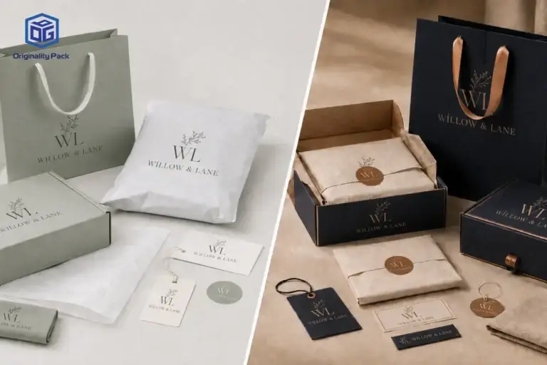 Packaging supplier comparison for clothing brands, showing standard packaging and direct factory custom packaging options with branded paper bags, mailer boxes, tissue paper, hang tags, and label cards.