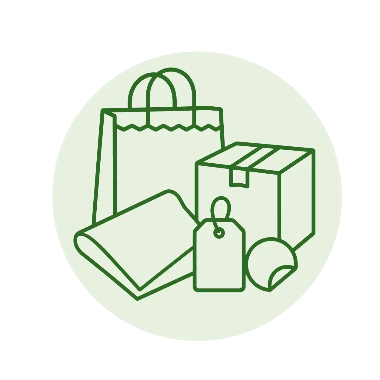Green one-stop packaging solution icon showing paper bags, boxes, tissue paper, hang tags, and stickers for custom packaging projects.