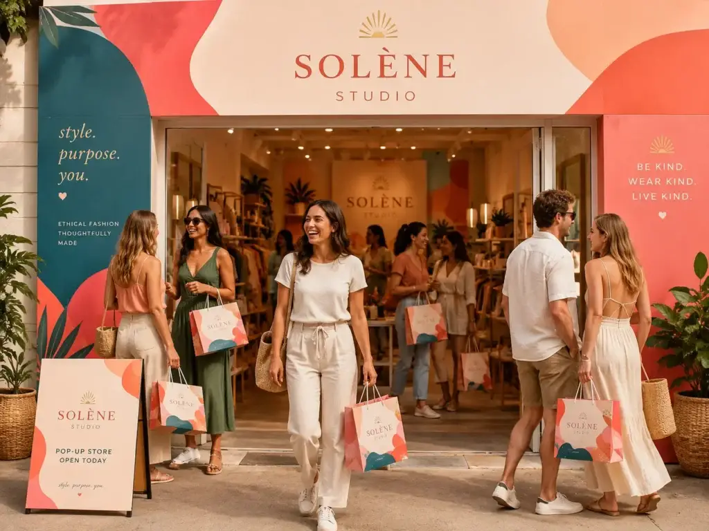 Custom paper bags for an ecommerce clothing brand pop-up store, with shoppers carrying branded shopping bags for offline retail, events, and local pickup experiences.