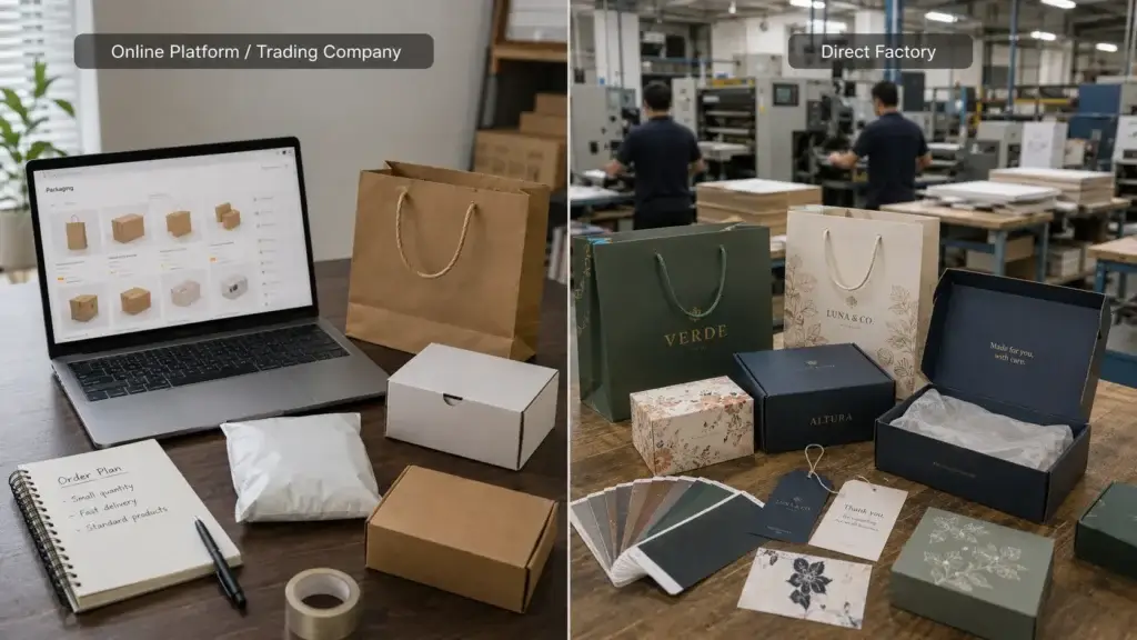 Online platform and direct factory comparison for ordering custom packaging from China with standard packaging products and custom branded packaging samples