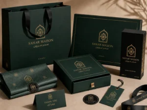 High-end packaging set for UAE boutique brands featuring a luxury paper shopping bag, rigid gift box, perfume box, branded tissue paper, hang tag, and gold foil logo design for premium retail presentation.
